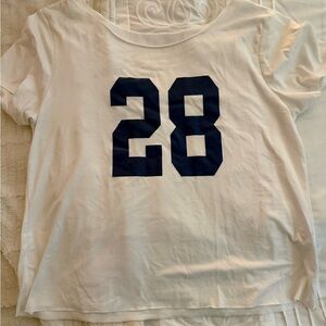 White Tee with Navy '28' Graphic Off the shoulder